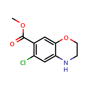 Chemical structure of Methyl 6-chloro-3,4-dihydro-2H-benzo[b][1,4]oxazine-7-carboxylate , CAS 2566699-97-4, AChemBlock AD266052