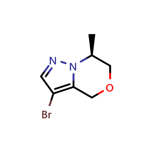 Chemical structure of (S)-3-Bromo-7-methyl-6,7-dihydro-4H-pyrazolo[5,1-c][1,4]oxazine , CAS 2702615-05-0, AChemBlock AD266060