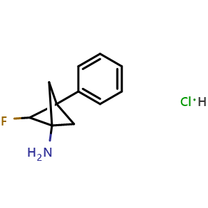Chemical structure of 2-Fluoro-3-phenylbicyclo[1.1.1]pentan-1-amine hydrochloride , CAS 2731007-31-9, AChemBlock AD266062
