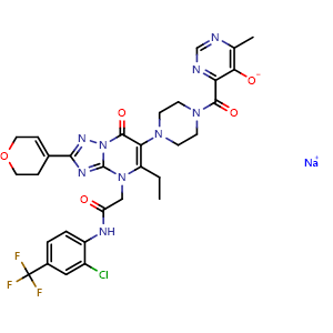 Chemical structure of Sodium 4-[4-[4-[2-[[2-Chloro-4-(trifluoromethyl)phenyl]amino]-2-oxoethyl]-2-(3,6-dihydro-2H-pyran-4-yl)-5-ethyl-7-oxo-4,7-dihydro-[1,2,4]triazolo[1,5-a]pyrimidin-6-yl]piperazine-1-carbonyl]-6-methylpyrimidin-5-olate , CAS 2869954-35-6, AChemBlock AD266087