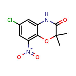 Chemical structure of 6-Chloro-2,2-dimethyl-8-nitro-2H-benzo[b][1,4]oxazin-3(4H)-one , CAS 327026-99-3, AChemBlock AD266105