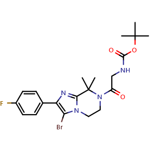 Chemical structure of tert-Butyl 2-(3-bromo-2-(4-fluorophenyl)-8,8-dimethyl-5,6-dihydroimidazo[1,2-a]pyrazin-7(8H)-yl)-2-oxoethylcarbamate , CAS 1261117-66-1, AChemBlock AD266208