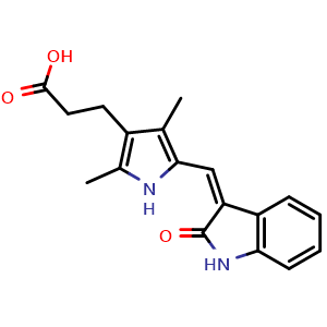 Chemical structure of (Z)-3-(2,4-Dimethyl-5-((2-oxoindolin-3-ylidene)methyl)-1H-pyrrol-3-yl)propanoic acid , CAS 210644-62-5, AChemBlock AD266324