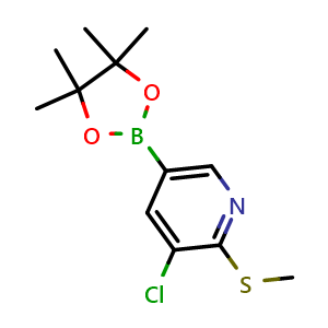 Chemical structure of 3-Chloro-2-(methylthio)-5-(4,4,5,5-tetramethyl-1,3,2-dioxaborolan-2-yl)pyridine , CAS 1351229-78-1, AChemBlock AD266437