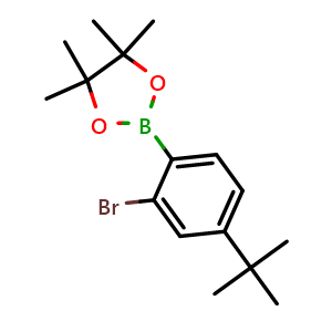 Chemical structure of 2-(2-Bromo-4-(tert-butyl)phenyl)-4,4,5,5-tetramethyl-1,3,2-dioxaborolane , CAS 849727-72-6, AChemBlock AD266558