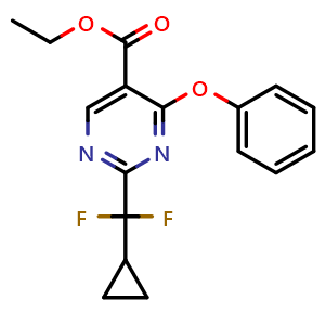 Chemical structure of Ethyl 2-(cyclopropyldifluoromethyl)-4-phenoxypyrimidine-5-carboxylate , CAS 3026505-95-0, AChemBlock AD266620