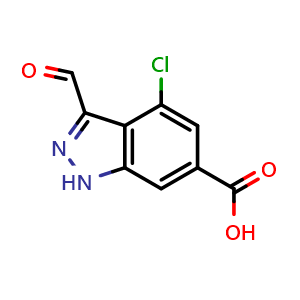 Chemical structure of 4-Chloro-3-formyl-1H-indazole-6-carboxylic acid , CAS 885523-22-8, AChemBlock AD266655