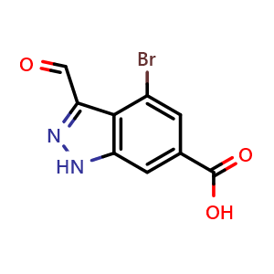 Chemical structure of 4-Bromo-3-formyl-1H-indazole-6-carboxylic acid , CAS 885523-37-5, AChemBlock AD266656