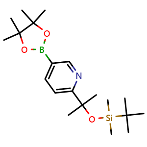 Chemical structure of 2-(2-((tert-Butyldimethylsilyl)oxy)propan-2-yl)-5-(4,4,5,5-tetramethyl-1,3,2-dioxaborolan-2-yl)pyridine , CAS 1093878-52-4, AChemBlock AD266689
