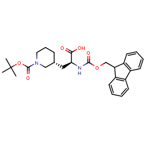 Chemical structure of (S)-2-((((9H-Fluoren-9-yl)methoxy)carbonyl)amino)-3-((R)-1-(tert-butoxycarbonyl)piperidin-3-yl)propanoic acid , CAS 1251904-14-9, AChemBlock AD266758