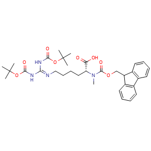Chemical structure of (2R)-6-{[bis({[(tert-Butoxy)carbonyl]amino})methylidene]amino}-2-({[(9H-fluoren-9-yl)methoxy]carbonyl}(methyl)amino)hexanoic acid , CAS 1301706-40-0, AChemBlock AD266791