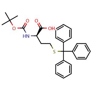 Chemical structure of (R)-2-((tert-Butoxycarbonyl)amino)-4-(tritylthio)butanoic acid , CAS 1301706-43-3, AChemBlock AD266792