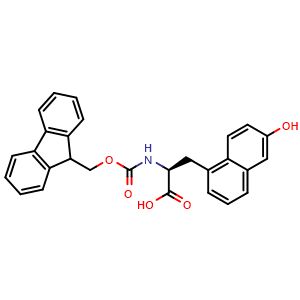 Chemical structure of (S)-2-((((9H-fluoren-9-yl)methoxy)carbonyl)amino)-3-(6-hydroxynaphthalen-1-yl)propanoic acid , CAS 1380508-18-8, AChemBlock AD266832