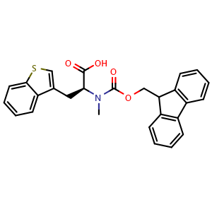 Chemical structure of (alpha S)-alpha-[[(9H-Fluoren-9-ylmethoxy)carbonyl]methylamino]benzo[b]thiophene-3-propanoic acid , CAS 1421843-94-8, AChemBlock AD266854