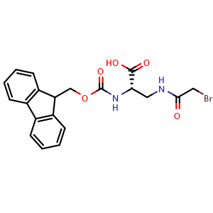 Chemical structure of (2S)-3-(2-Bromoacetamido)-2-({[(9H-fluoren-9-yl)methoxy]carbonyl}amino)propanoic acid , CAS 1448613-98-6, AChemBlock AD266874
