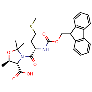Chemical structure of (4S,5R)-3-((((9H-fluoren-9-yl)methoxy)carbonyl)-L-methionyl)-2,2,5-trimethyloxazolidine-4-carboxylic acid , CAS 1451181-13-7, AChemBlock AD266878