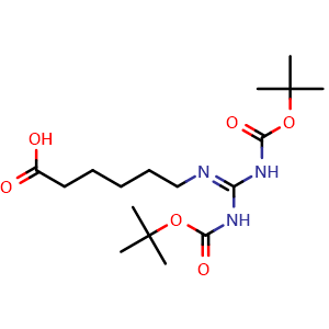 Chemical structure of 6-(2,3-bis(tert-butoxycarbonyl)guanidino)hexanoic acid , CAS 158478-79-6, AChemBlock AD266910