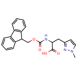 Chemical structure of 2-((((9H-fluoren-9-yl)methoxy)carbonyl)amino)-3-(1-methyl-1H-pyrazol-3-yl)propanoic acid , CAS 1699287-91-6, AChemBlock AD266958