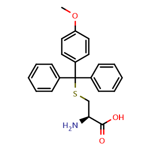Chemical structure of (2R)-2-amino-3-[(4-methoxyphenyl)-diphenylmethyl]sulfanylpropanoic acid , CAS 177582-20-6, AChemBlock AD266969