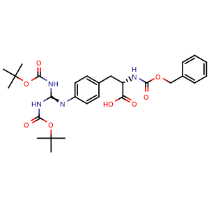 Chemical structure of (S)-2-(((benzyloxy)carbonyl)amino)-3-(4-((2,2,10,10-tetramethyl-4,8-dioxo-3,9-dioxa-5,7-diazaundecan-6-ylidene)amino)phenyl)propanoic acid , CAS 1899839-82-7, AChemBlock AD266998