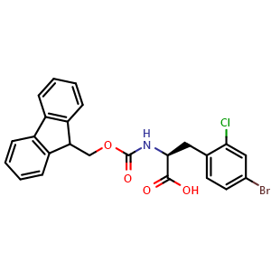 Chemical structure of (2S)-3-(4-bromo-2-chlorophenyl)-2-(9H-fluoren-9-ylmethoxycarbonylamino)propanoic acid , CAS 1998643-74-5, AChemBlock AD267025