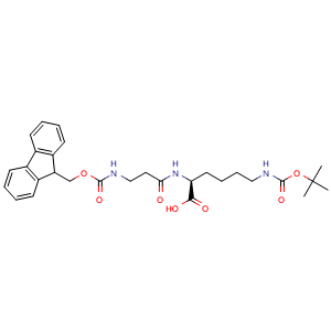 Chemical structure of (2S)-6-{[(tert-butoxy)carbonyl]amino}-2-[3-({[(9H-fluoren-9-yl)methoxy]carbonyl}amino)propanamido]hexanoic acid , CAS 1998700-95-0, AChemBlock AD267026