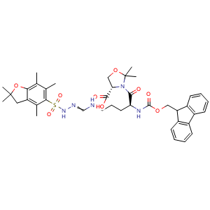 Chemical structure of (S)-3-((S)-2-((((9H-fluoren-9-yl)methoxy)carbonyl)amino)-5-(N'-((2,2,4,6,7-pentamethyl-2,3-dihydrobenzofuran-5-yl)sulfonyl)formohydrazonamido)pentanoyl)-2,2-dimethyloxazolidine-4-carboxylic acid , CAS 2108145-17-9, AChemBlock AD267060