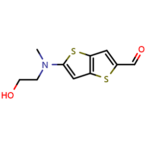 Chemical structure of 5-((2-hydroxyethyl)(methyl)amino)thieno[3,2-b]thiophene-2-carbaldehyde , CAS 2174014-81-2, AChemBlock AD267088