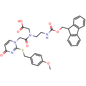 Chemical structure of N-(2-((((9H-fluoren-9-yl)methoxy)carbonyl)amino)ethyl)-N-(2-(2-((4-methoxybenzyl)thio)-4-oxopyrimidin-1(4H)-yl)acetyl)glycine , CAS 2245800-85-3, AChemBlock AD267111