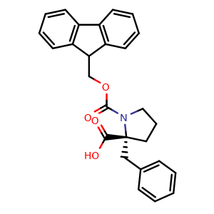 Chemical structure of (R)-1-(((9H-fluoren-9-yl)methoxy)carbonyl)-2-benzylpyrrolidine-2-carboxylic acid , CAS 2254830-90-3, AChemBlock AD267118