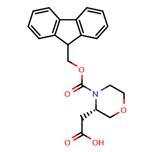 Chemical structure of 2-[(3S)-4-{[(9H-fluoren-9-yl)methoxy]carbonyl}morpholin-3-yl]acetic acid , CAS 2322623-47-0, AChemBlock AD267134