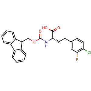 Chemical structure of (S)-2-((((9H-fluoren-9-yl)methoxy)carbonyl)amino)-4-(4-chloro-3-fluorophenyl)butanoic acid , CAS 2349339-24-6, AChemBlock AD267142