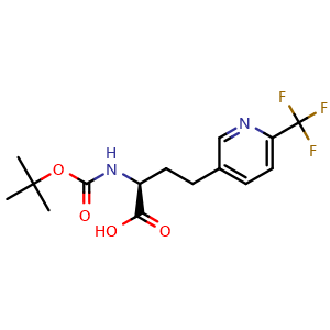 Chemical structure of (S)-2-((tert-Butoxycarbonyl)amino)-4-(6-(trifluoromethyl)pyridin-3-yl)butanoic acid , CAS 2349340-23-2, AChemBlock AD267144
