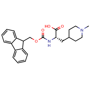 Chemical structure of (S)-1-Methyl-alpha-(Fmoc-Amino)-4-piperidinepropanoic acid , CAS 2349425-27-8, AChemBlock AD267147
