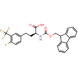 Chemical structure of rac-(R)-2-((((9H-fluoren-9-yl)methoxy)carbonyl)amino)-4-(4-fluoro-3-(trifluoromethyl)phenyl)butanoic acid , CAS 2350056-22-1, AChemBlock AD267178