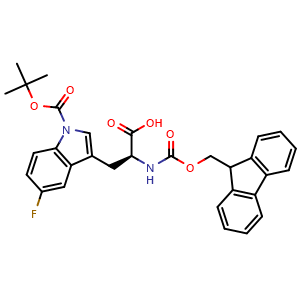 Chemical structure of (S)-2-((((9H-fluoren-9-yl)methoxy)carbonyl)amino)-3-(1-(tert-butoxycarbonyl)-5-fluoro-1H-indol-3-yl)propanoic acid , CAS 2384196-65-8, AChemBlock AD267207