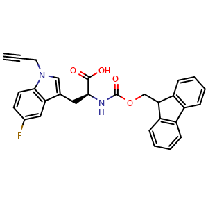Chemical structure of (S)-2-((((9H-fluoren-9-yl)methoxy)carbonyl)amino)-3-(5-fluoro-1-(prop-2-yn-1-yl)-1H-indol-3-yl)propanoic acid , CAS 2411510-34-2, AChemBlock AD267216
