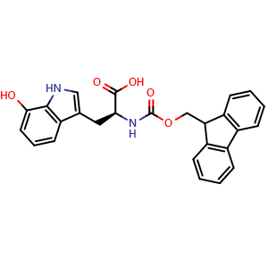 Chemical structure of (S)-2-((((9H-fluoren-9-yl)methoxy)carbonyl)amino)-3-(7-hydroxy-1H-indol-3-yl)propanoic acid , CAS 2411871-28-6, AChemBlock AD267217