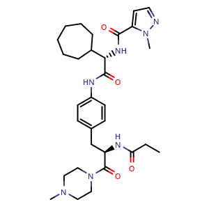 Chemical structure of N-((S)-1-cycloheptyl-2-((4-((R)-3-(4-methylpiperazin-1-yl)-3-oxo-2-propionamidopropyl)phenyl)amino)-2-oxoethyl)-1-methyl-1H-pyrazole-5-carboxamide , CAS 2467731-88-8, AChemBlock AD267228