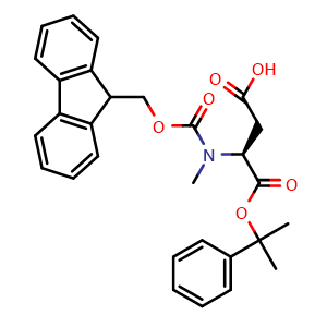 Chemical structure of (3S)-3-[9H-fluoren-9-ylmethoxycarbonyl(methyl)amino]-4-(1-methyl-1-phenyl-ethoxy)-4-oxo-butanoic acid , CAS 2642728-33-2, AChemBlock AD267278