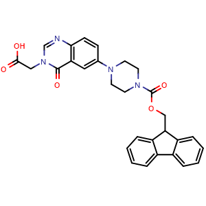 Chemical structure of 2-(6-(4-Fmoc-piperazin-1-yl)-4-oxoquinazolin-3-yl)aceticacid , CAS 269078-82-2, AChemBlock AD267291