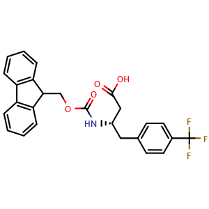 Chemical structure of rac-(R)-3-((((9H-Fluoren-9-yl)methoxy)carbonyl)amino)-4-(4-(trifluoromethyl)phenyl)butanoic acid , CAS 270065-81-8, AChemBlock AD267294