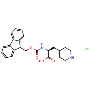 Chemical structure of rac-(R)-2-((((9H-fluoren-9-yl)methoxy)carbonyl)amino)-3-(piperidin-4-yl)propanoic acid hydrochloride , CAS 2803482-17-7, AChemBlock AD267312