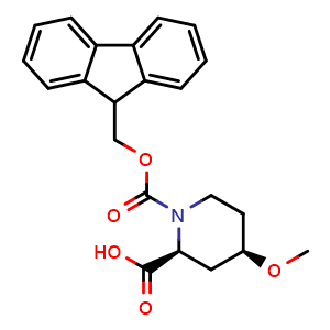 Chemical structure of (2S,4R)-1-Fmoc-4-methoxypiperidine-2-carboxylic acid , CAS 2918774-34-0, AChemBlock AD267338