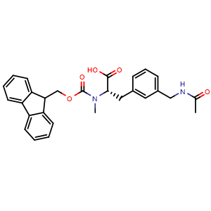 Chemical structure of (S)-2-((((9H-Fluoren-9-yl)methoxy)carbonyl)(methyl)amino)-3-(3-(acetamidomethyl)phenyl)propanoic acid , CAS 2973753-96-5, AChemBlock AD267358