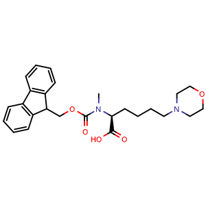 Chemical structure of (2S)-2-({[(9H-fluoren-9-yl)methoxy]carbonyl}(methyl)amino)-6-(morpholin-4-yl)hexanoic acid , CAS 2973754-20-8, AChemBlock AD267361