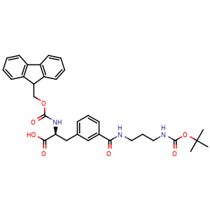 Chemical structure of (2S)-3-{3-[(3-{[(tert-butoxy)carbonyl]amino}propyl)carbamoyl]phenyl}-2-({[(9H-fluoren-9-yl)methoxy]carbonyl}amino)propanoic acid , CAS 2973754-87-7, AChemBlock AD267373