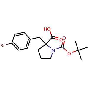 Chemical structure of 2-(4-bromobenzyl)-1-(tert-butoxycarbonyl)pyrrolidine-2-carboxylic acid , CAS 336817-91-5, AChemBlock AD267411