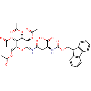 Chemical structure of N2-(((9H-fluoren-9-yl)methoxy)carbonyl)-N4-((2R,3R,4S,5S,6R)-3,4,5-triacetoxy-6-(acetoxymethyl)tetrahydro-2H-pyran-2-yl)-L-asparagine , CAS 467465-78-7, AChemBlock AD267449