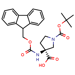 Chemical structure of (S)-1-Boc-3-Fmoc-aminopyrrolidine-3-carboxylic acid , CAS 735287-41-9, AChemBlock AD267515